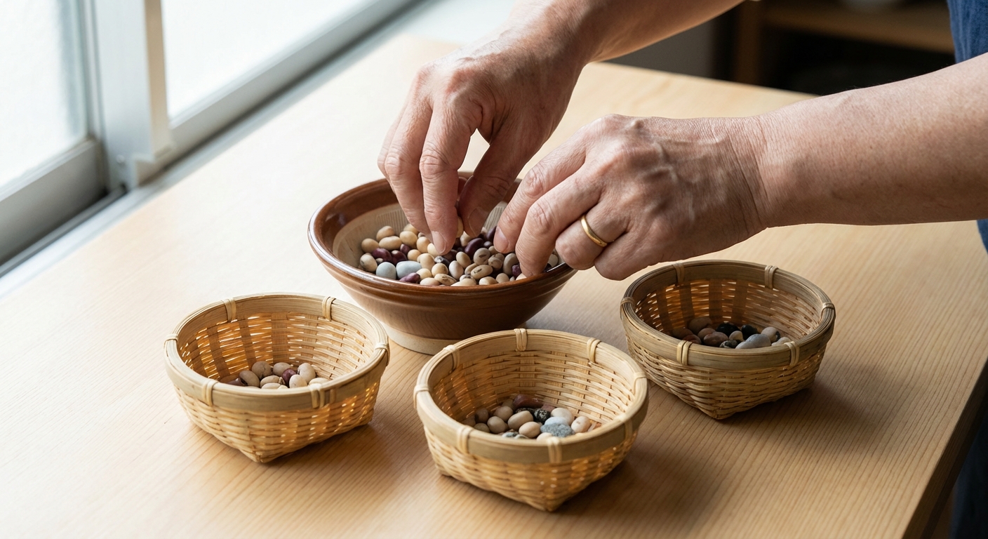 여러 바구니에 물건을 나누어 담고 있는 한국 성인의 손