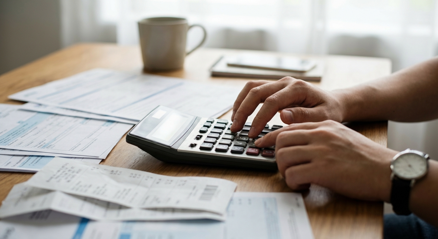 나무 책상 위 금융 서류들 옆에서 계산기를 사용하는 한국인 사회초년생의 손을 위에서 찍은 이미지.