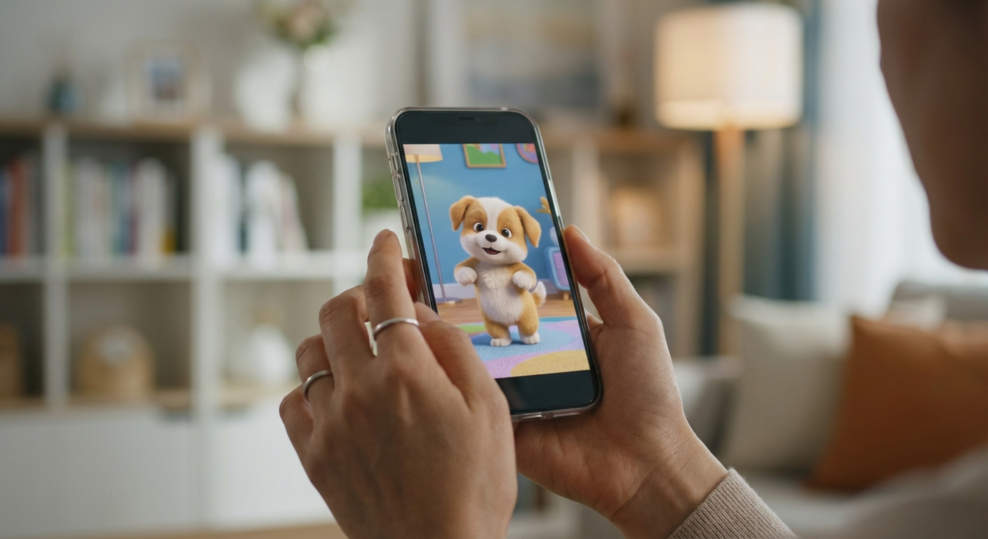 한국인 성인의 손이 스마트폰을 들고 있으며, 화면에는 AI가 생성한 강아지 댄스 영상이 재생되고 있습니다.