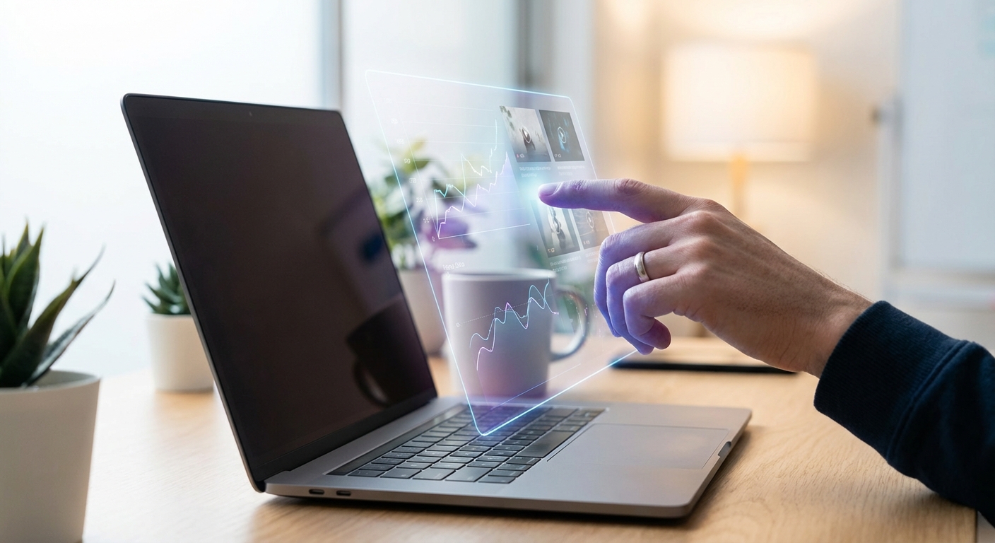 노트북 위에서 홀로그램 비디오 인터페이스를 조작하는 한국 성인의 손, AI 최적화를 암시하는 데이터 시각화와 영상 썸네일이 보인다.