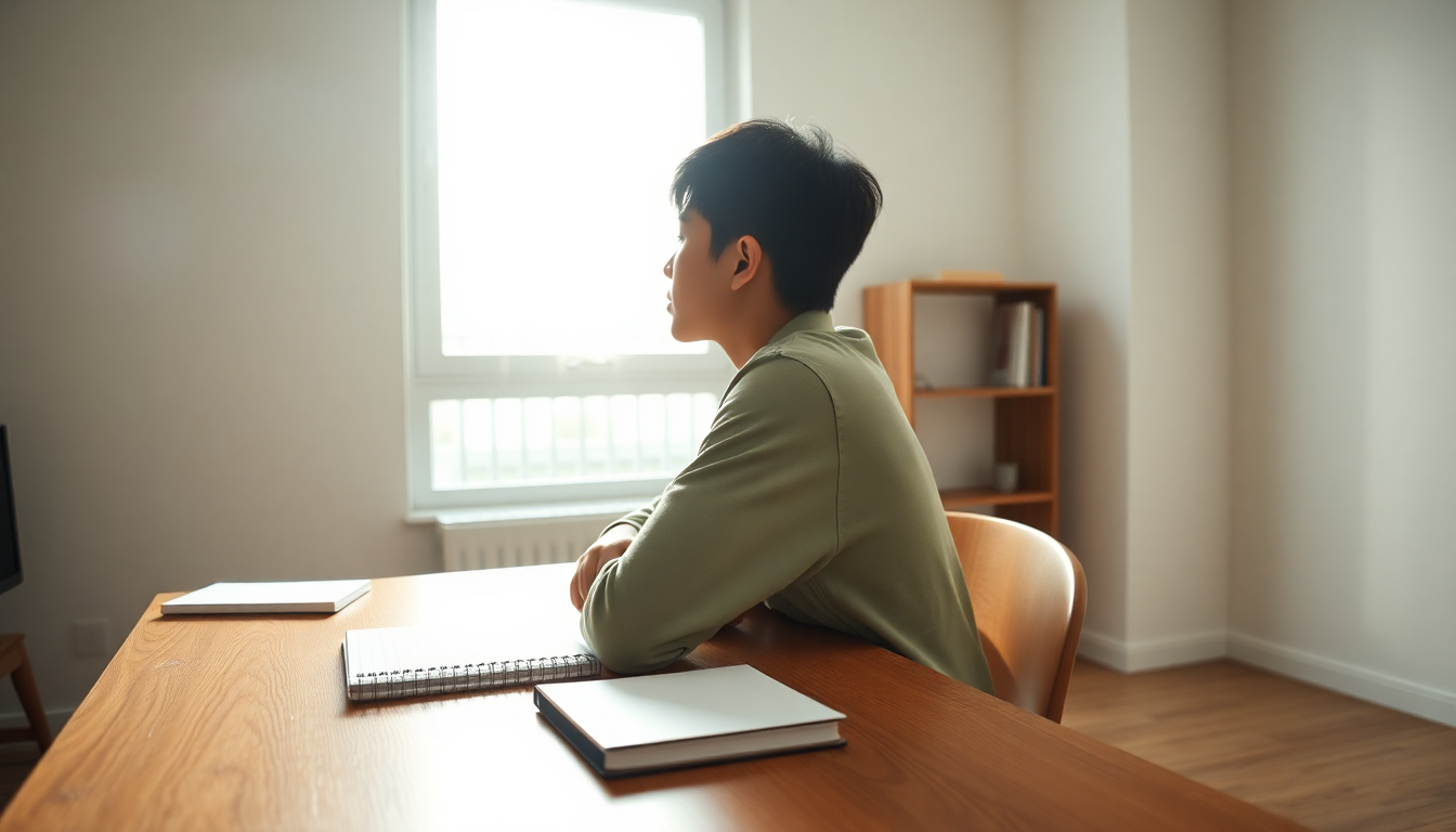 밝은 창가 책상에 앉아 미래를 계획하는 젊은이의 뒷모습