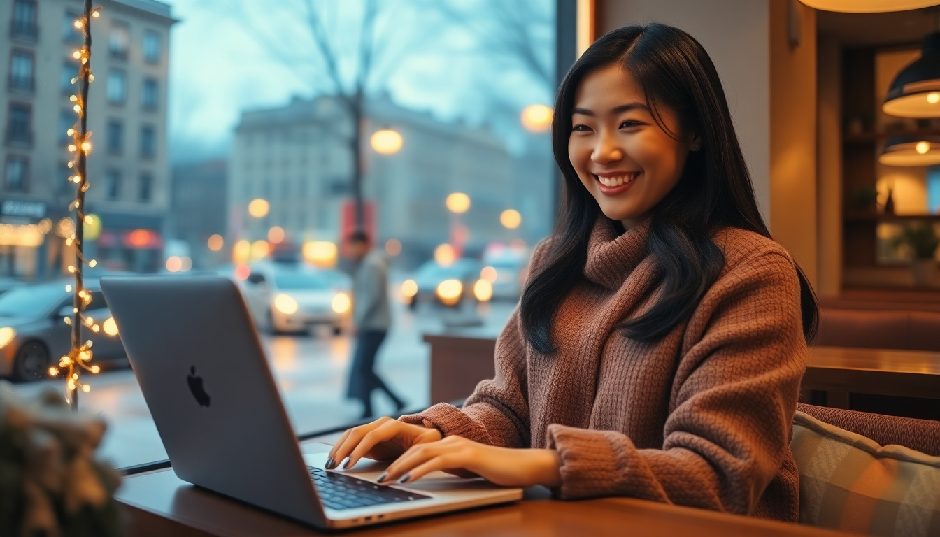 연말 겨울 여행을 계획하며 노트북을 보고 행복하게 웃고 있는 여성