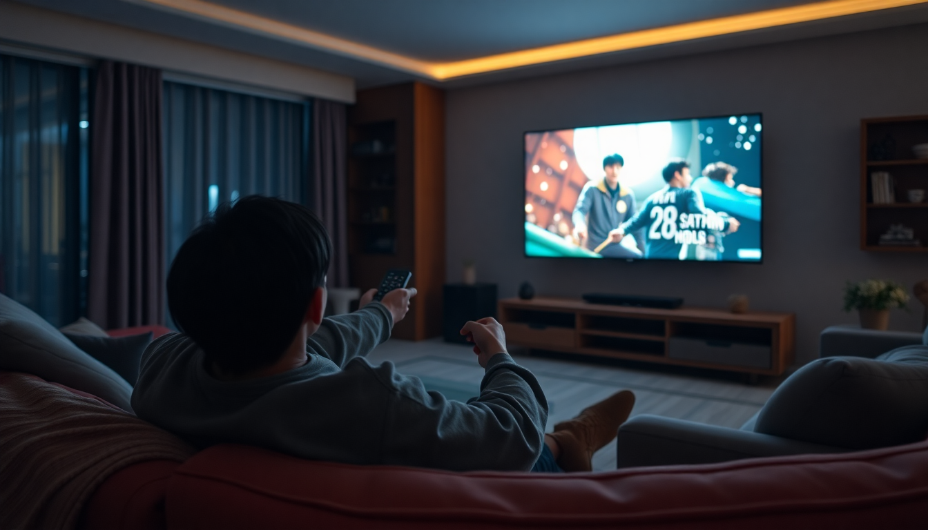 거실 소파에 편안하게 앉아 스마트 TV로 티빙 콘텐츠를 시청하는 사람의 뒷모습.