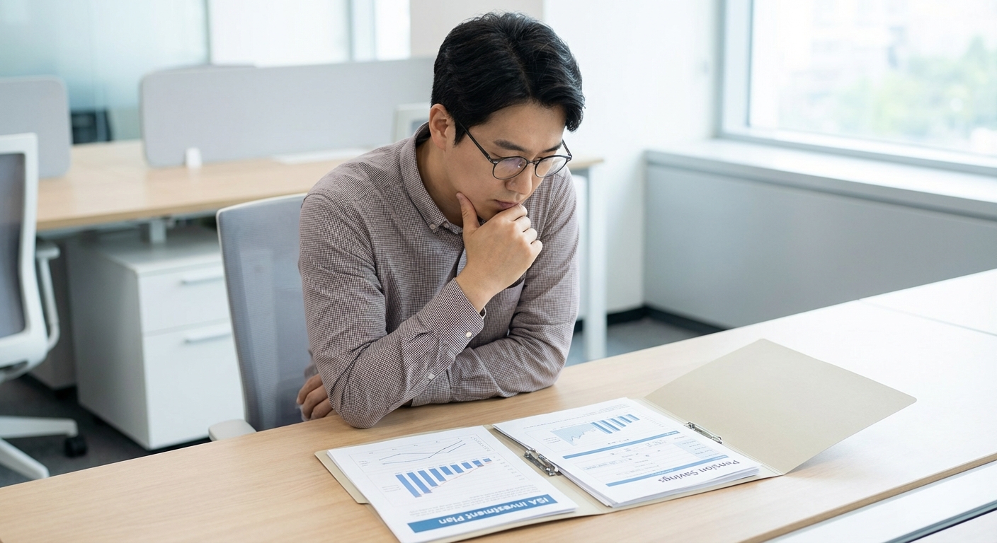 한국 성인이 ISA와 연금저축계좌 관련 서류를 살펴보며 투자 전략을 고민하는 모습