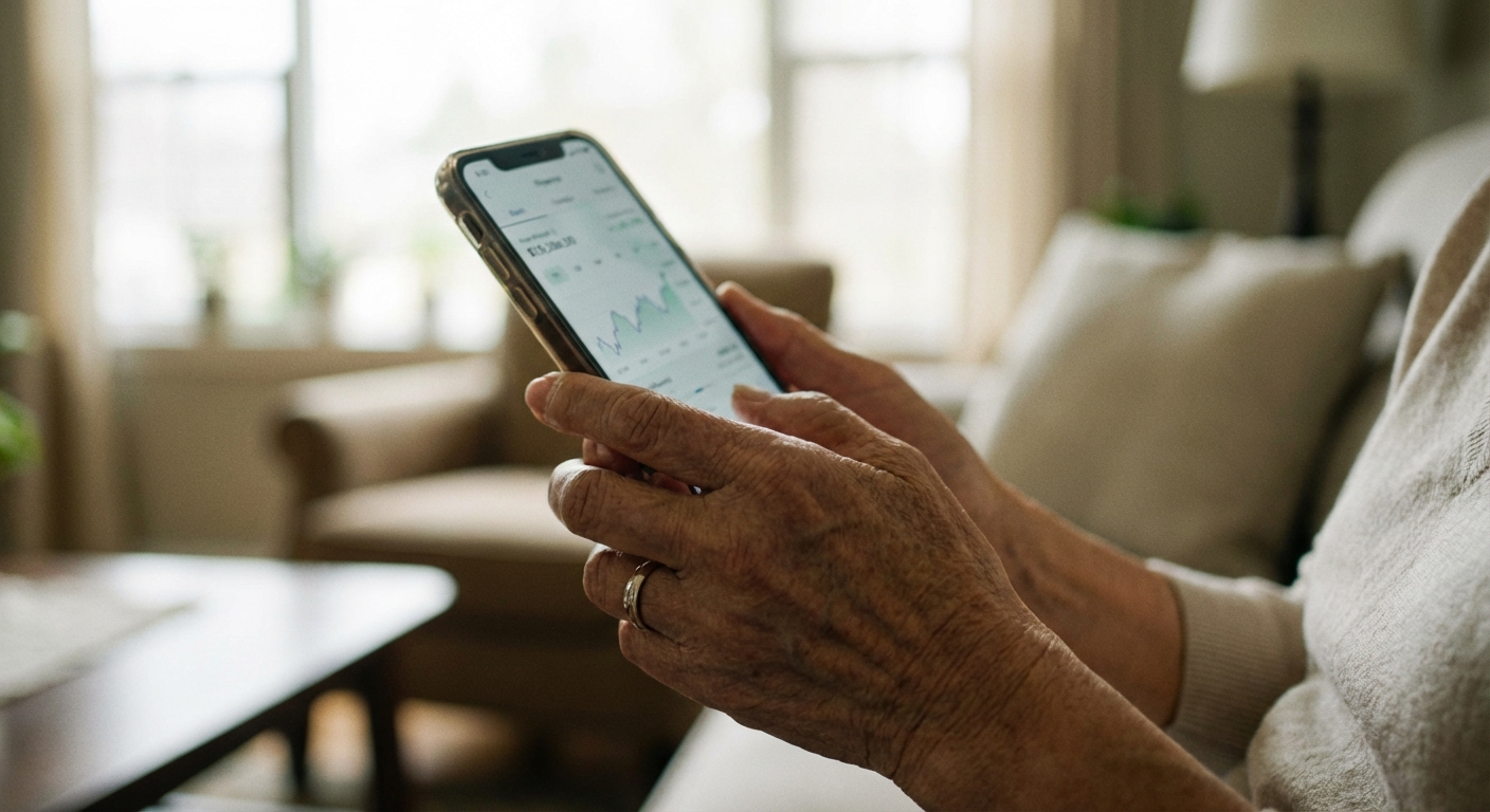 스마트폰으로 기초연금 정보를 확인하는 노년 여성의 손 클로즈업