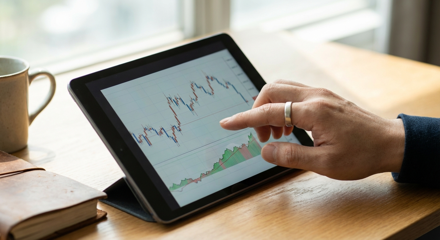 한국 성인의 손이 주식 차트가 보이는 태블릿 화면을 탭하며 세금 절약 전략을 검토하는 모습