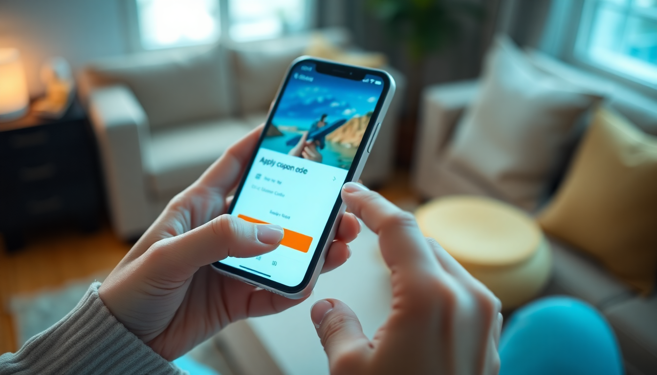 스마트폰 여행 앱에서 할인코드를 적용하고 있는 손 클로즈업