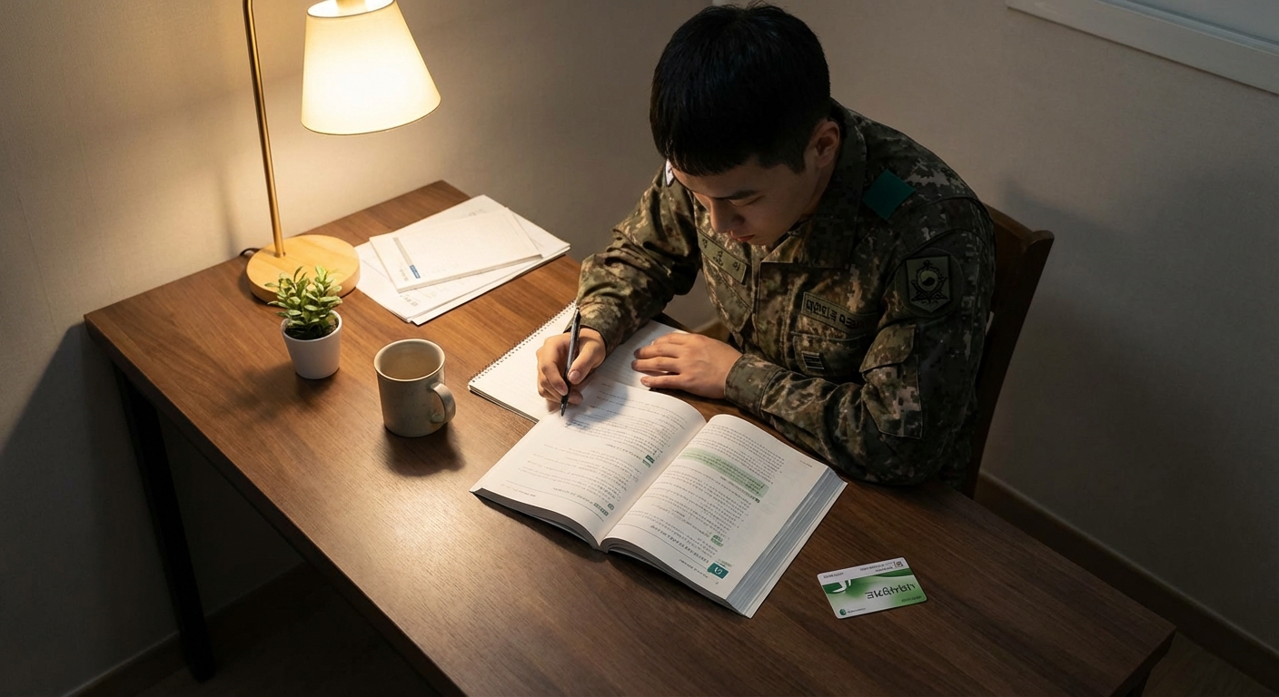 책상 위, 책과 펜 옆에 나라사랑카드가 놓여 있는 자기계발 장면.