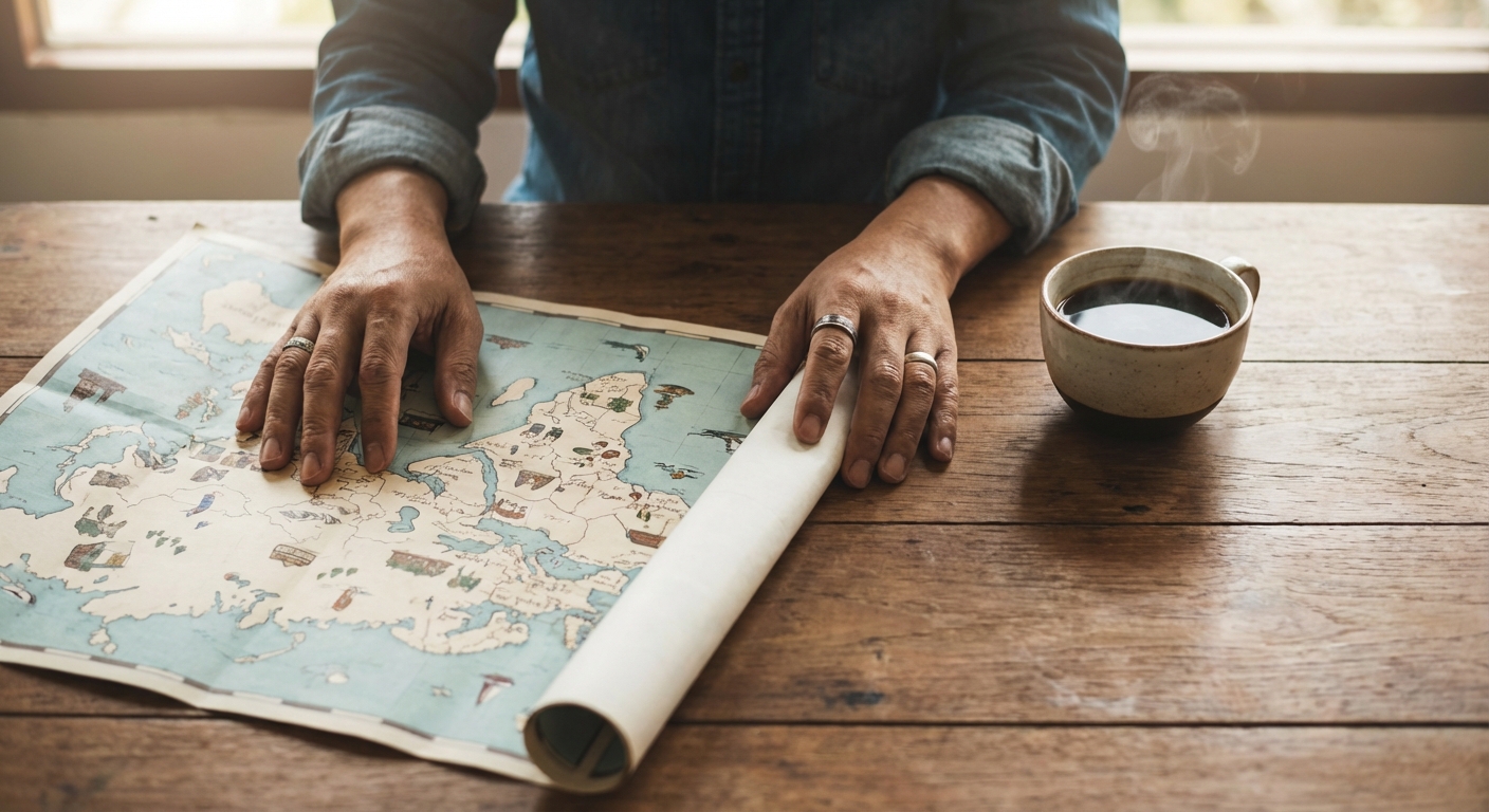 한 한국인 성인의 손이 여행 지도를 펼치고 따뜻한 음료와 함께 여행 계획을 세우는 모습.