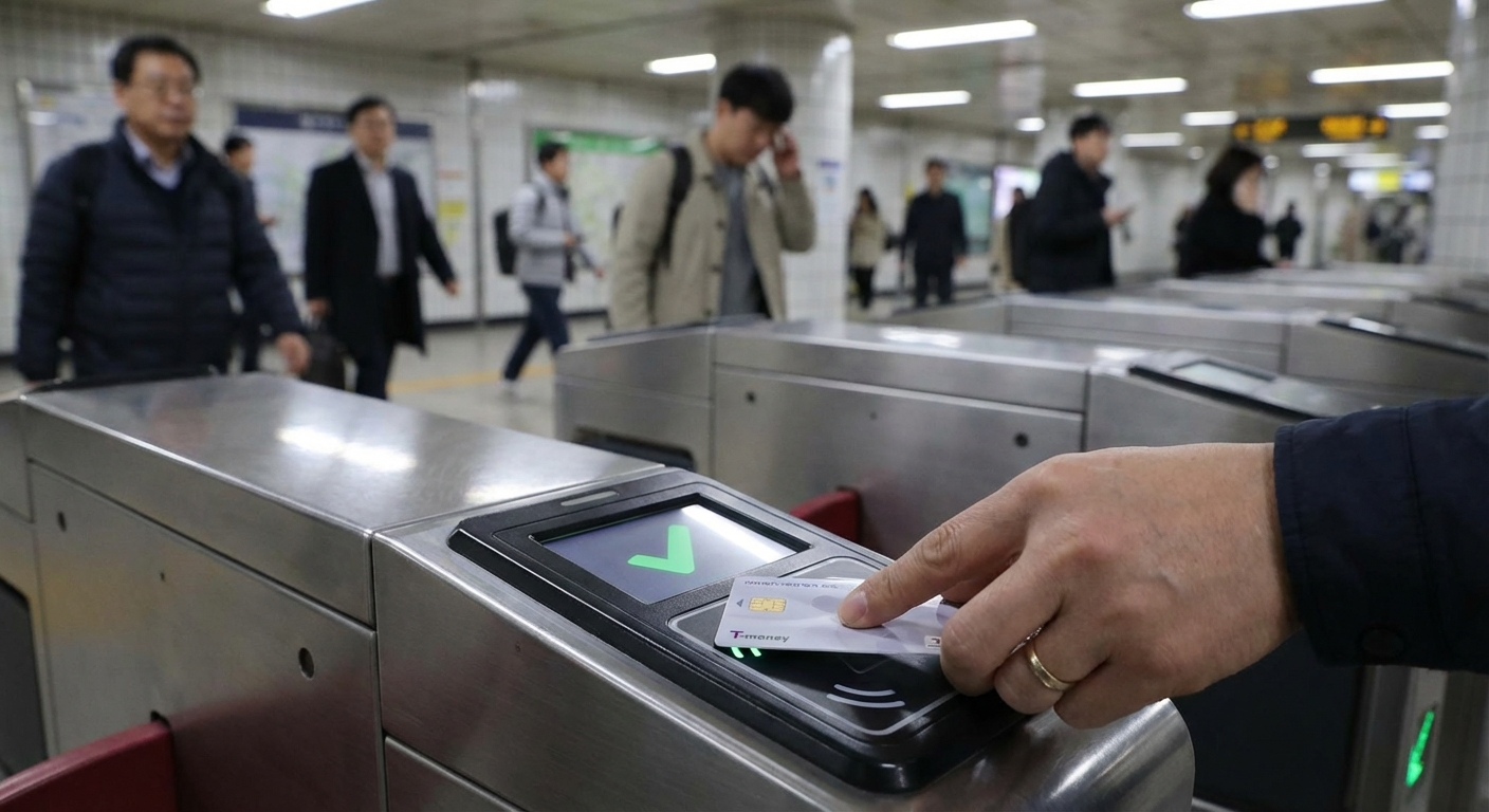 지하철 개찰구에서 교통카드를 태그하는 한국인 성인의 손