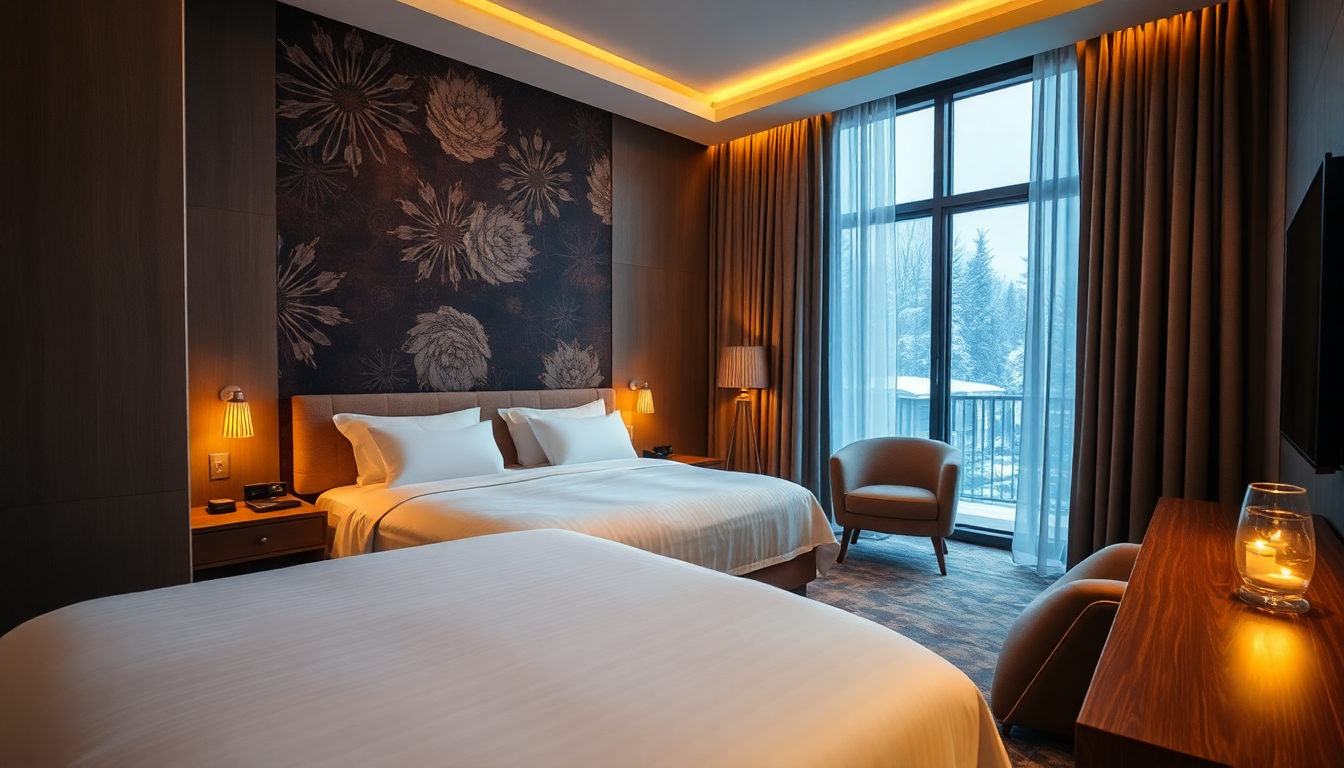 연말 호캉스를 위해 준비된 고급스러운 호텔 객실 내부 모습