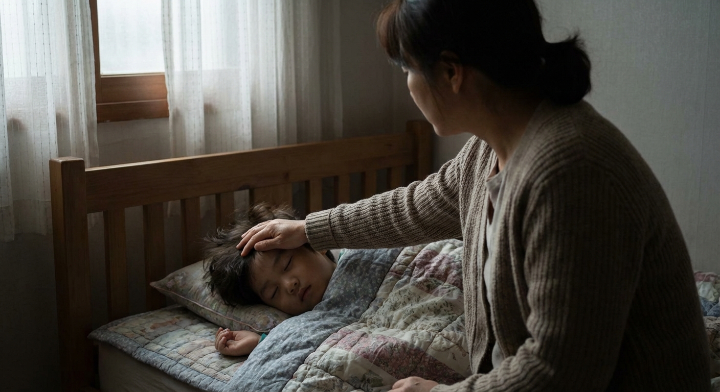 침대에 누운 아픈 아이의 이마에 손을 얹어 열을 확인하는 한국인 부모의 모습 (썸네일)