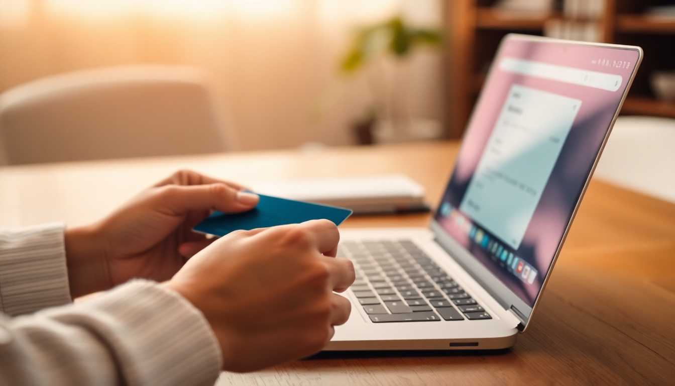 노트북으로 온라인 결제를 하기 위해 책상 위에 신용카드를 준비하는 손을 클로즈업한 사진. 티빙 연간 이용권 결제를 암시한다.