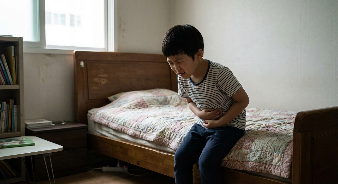 침대에 앉아 배가 아픈 듯 배를 움켜쥐고 있는 한국인 아이의 모습