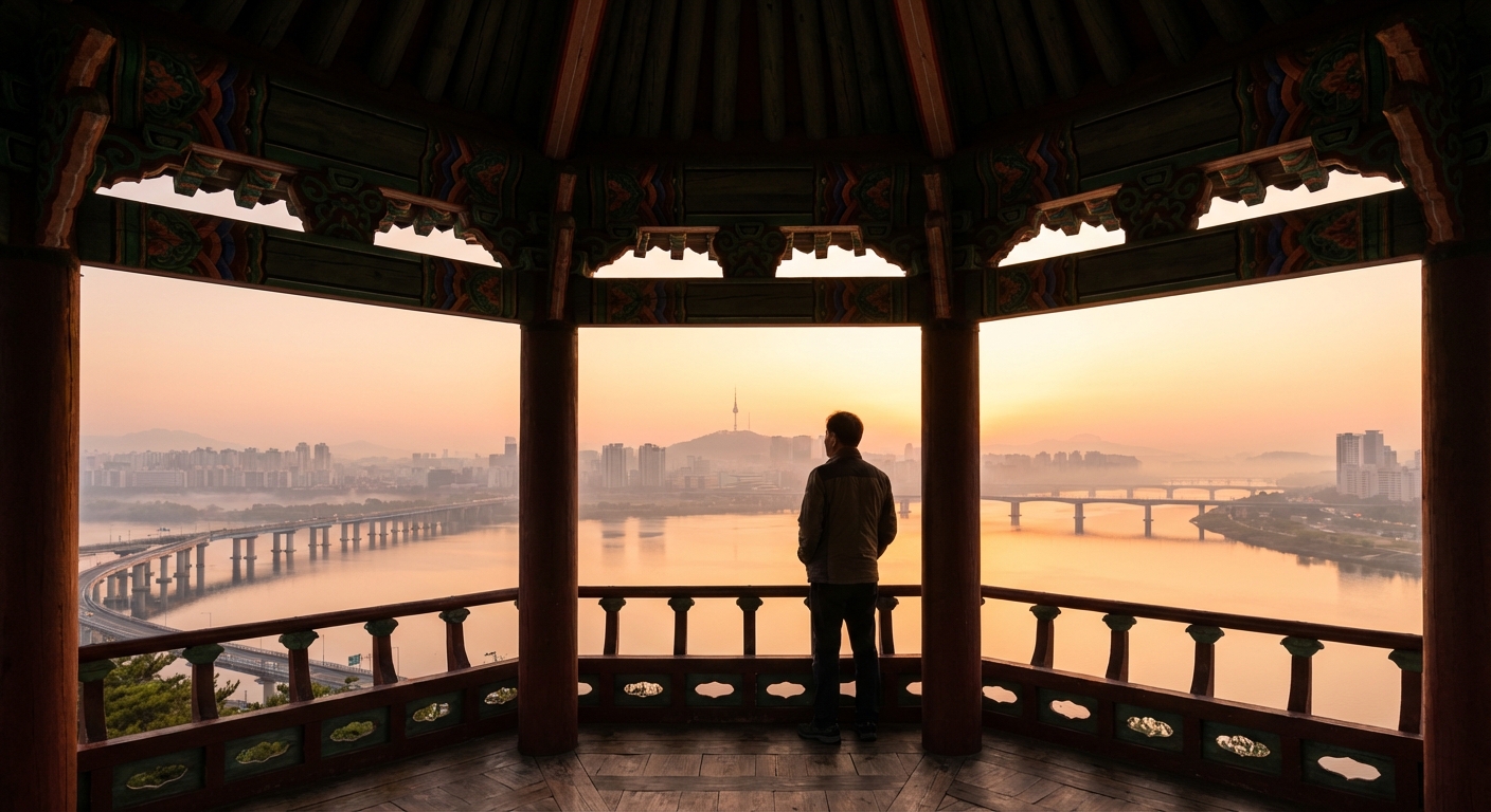 응봉산 팔각정 안에서 한강과 서울 랜드마크 위로 떠오르는 해를 바라보는 한국 성인