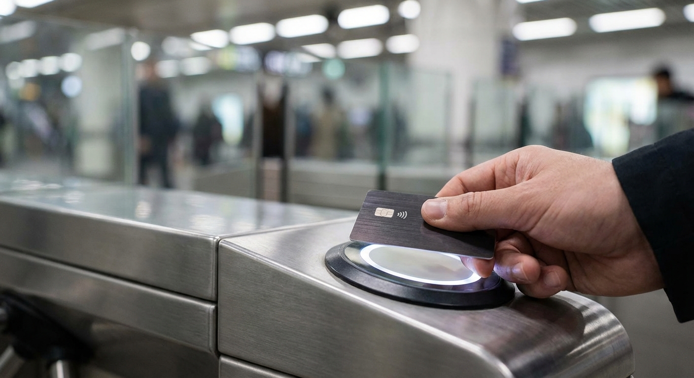 지하철 개찰구에서 나라사랑카드를 교통카드로 사용하는 모습