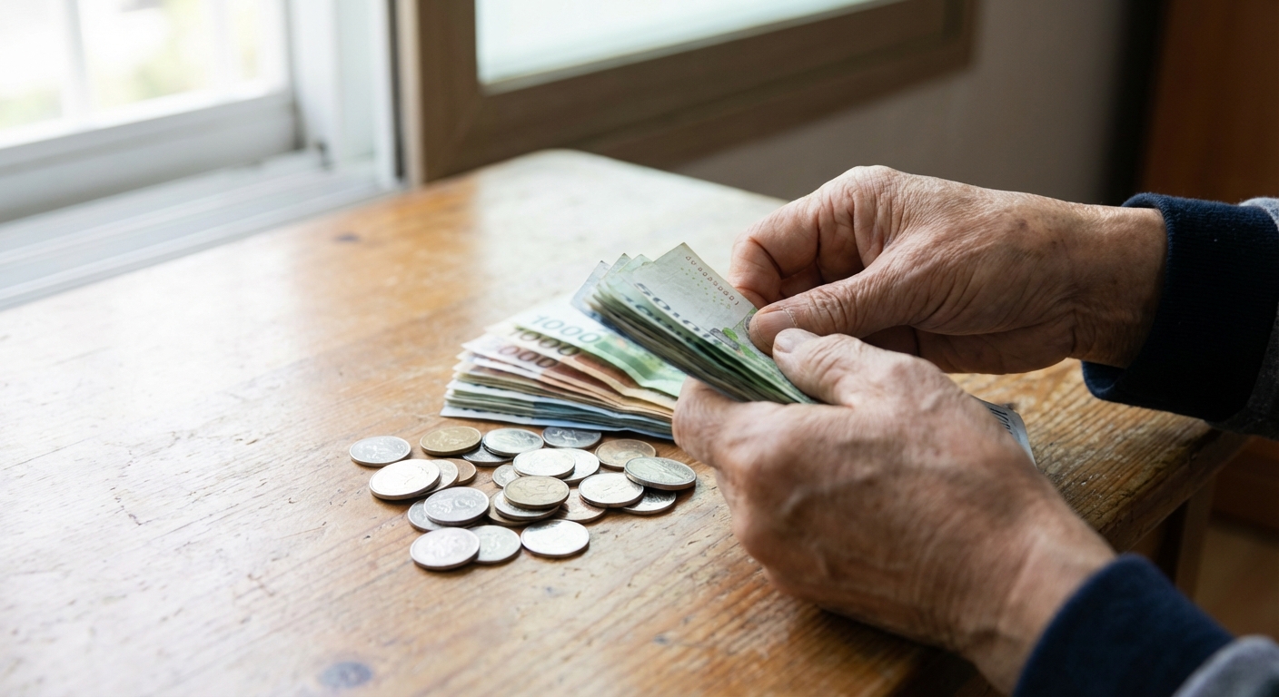 한국 성인의 손이 책상 위에서 한국 원화 지폐와 동전을 세고 있는 모습