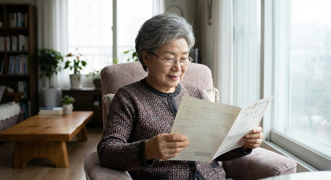 연금저축계좌 명세서를 들고 있는 노년 한국 성인의 차분한 모습