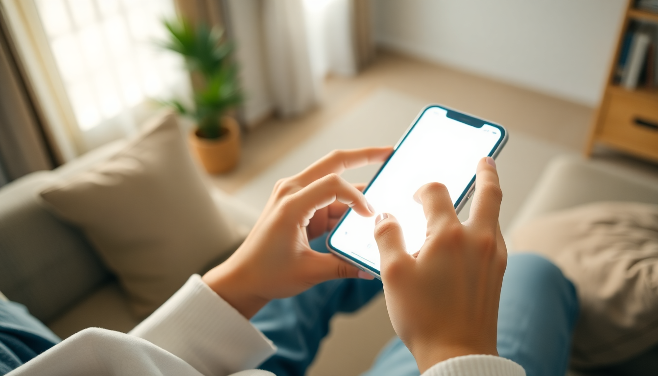 스마트폰으로 만기 수령액을 확인하며 만족스러워하는 모습