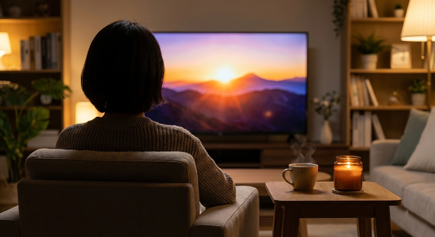어두운 거실에서 TV로 해돋이를 보며 향초와 따뜻한 차를 즐기는 한국인 성인의 뒷모습