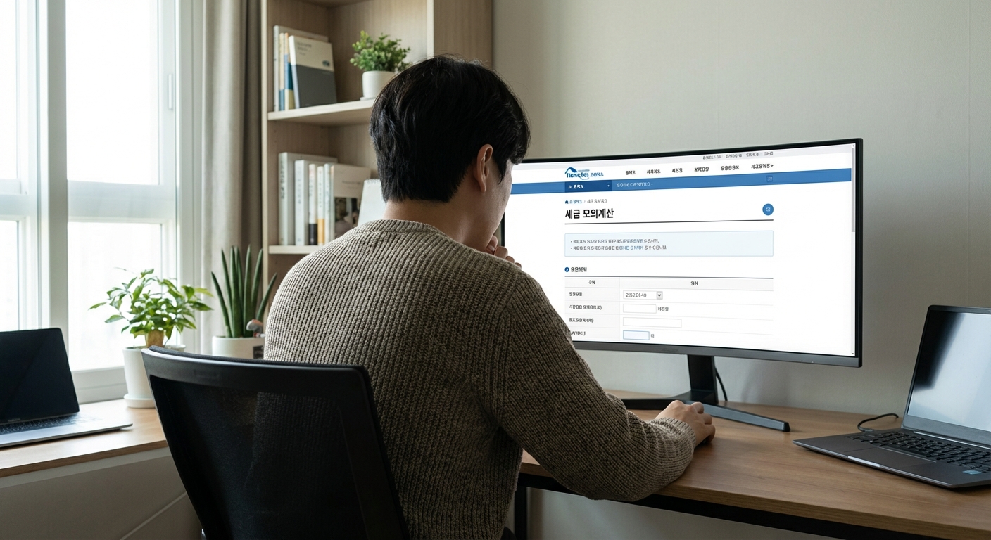연말정산 미리보기 서비스 활용법 누락 공제 신고까지 완벽 정복 2 홈택스 연말정산 미리보기 서비스를 컴퓨터 모니터로 확인하며 작업하는 한국 성인 직장인의 뒷모습.