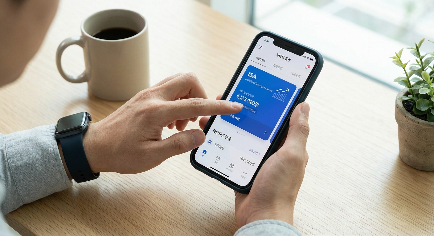 한국 성인의 손이 ISA 계좌 섹션이 강조된 모바일 뱅킹 앱을 스크롤하는 모습