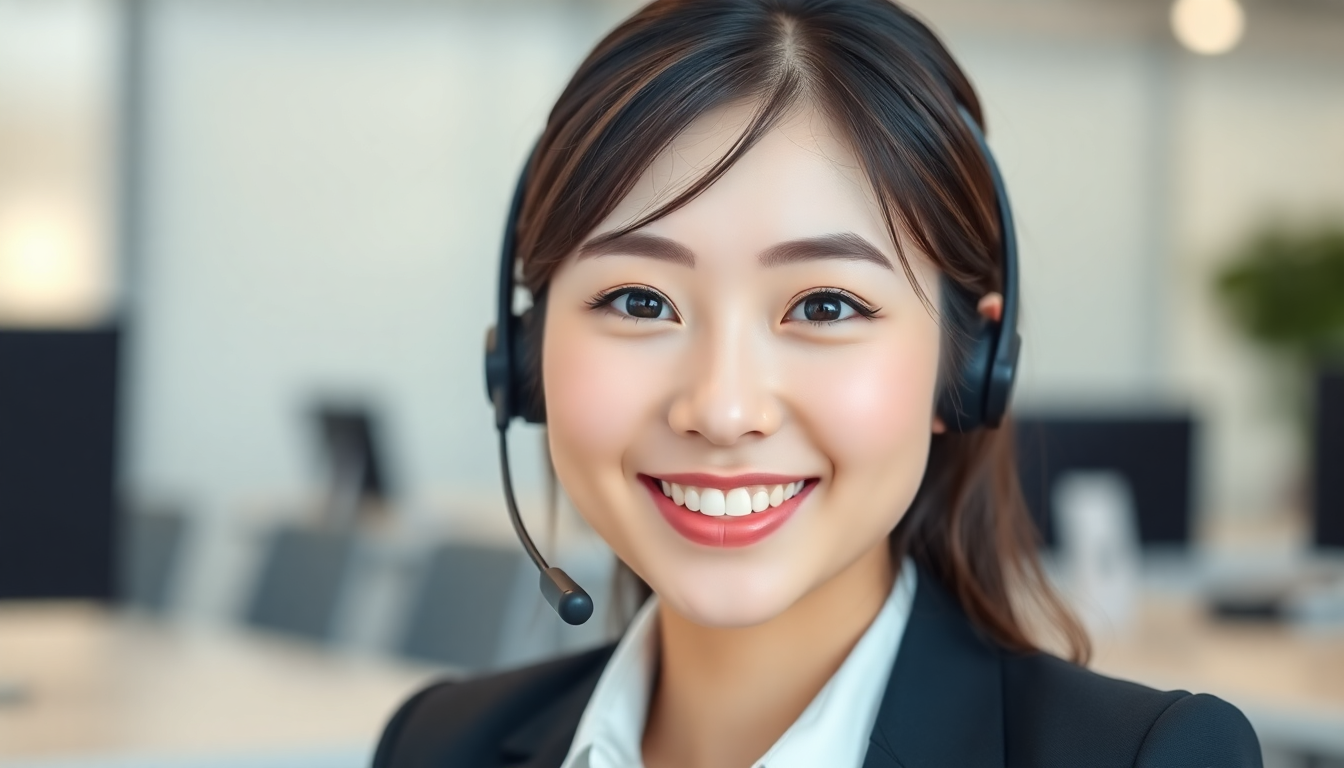 헤드셋을 착용하고 밝게 웃고 있는 친절한 올리브영 고객센터 상담원