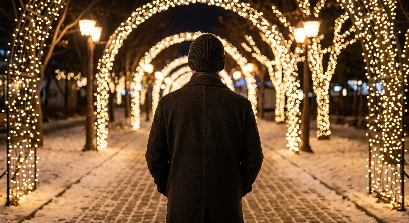 로맨틱한 겨울 조명으로 장식된 길을 따라 걷는 한국인 성인의 뒷모습, 야간에 따뜻하고 부드러운 조명이 비친다.