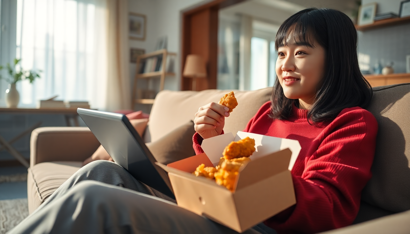 거실 소파에 앉아 배달음식을 먹으며 태블릿으로 OTT 서비스를 시청하는 사람.