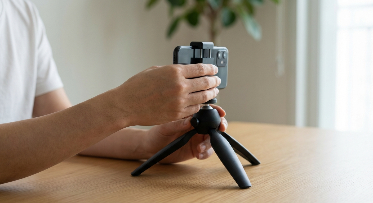 작은 삼각대에 스마트폰을 고정시키는 한국인 성인의 손