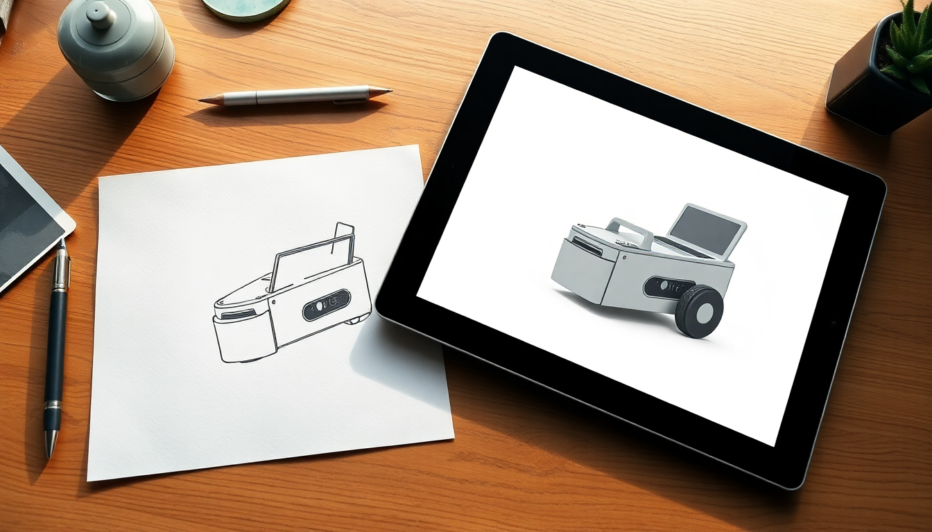 디자이너의 책상 위, 손으로 그린 제품 스케치와 AI로 생성된 사실적인 렌더링 이미지가 나란히 놓여 있는 모습.