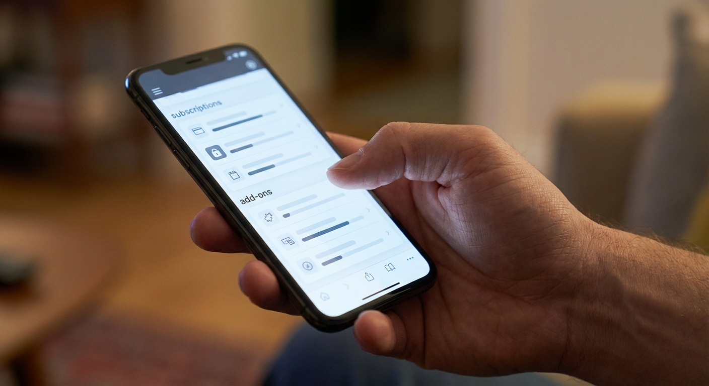 스마트폰에서 통신사 앱의 '부가서비스' 또는 '구독' 메뉴를 조작하는 한국 성인의 손 클로즈업