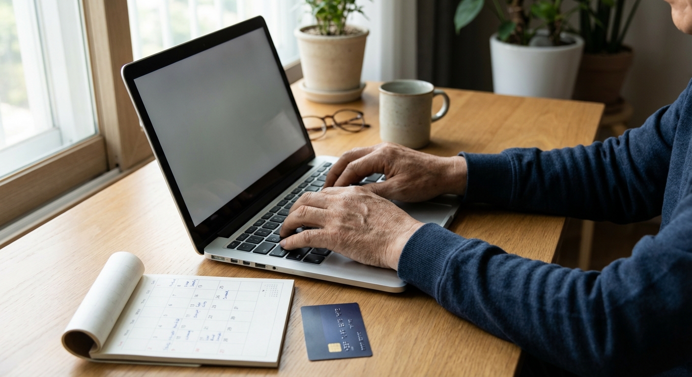 노트북과 달력 신용카드가 놓인 책상에서 고속버스 예매를 준비하는 한국 성인의 손