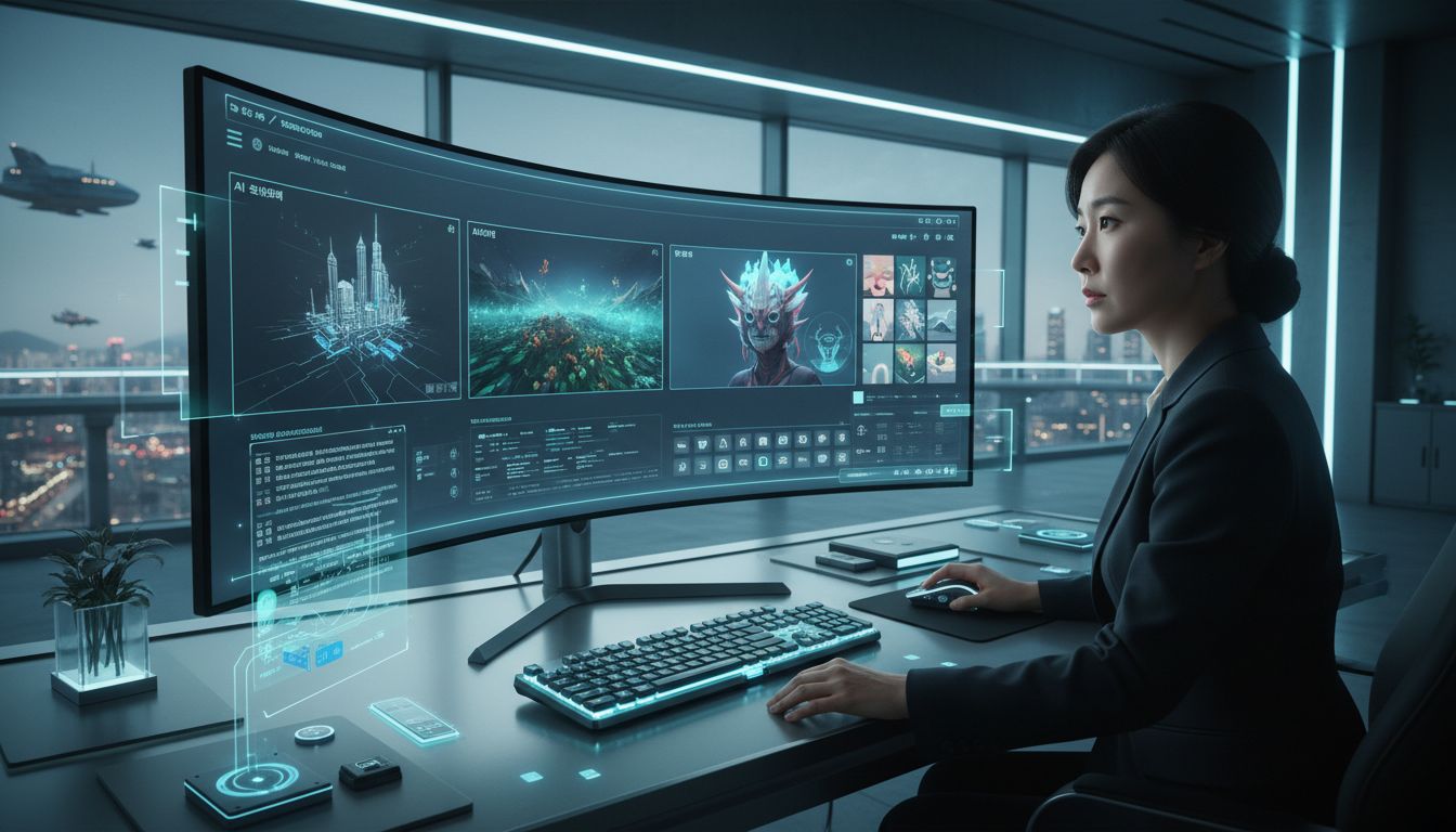 A Korean professional using advanced AI image generation software in a modern office