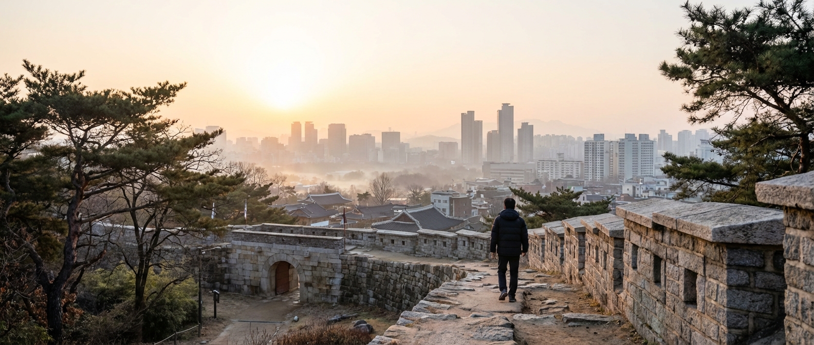 인왕산 성곽길을 따라 걸으며 서울 도심 너머로 떠오르는 해를 바라보는 한국 성인