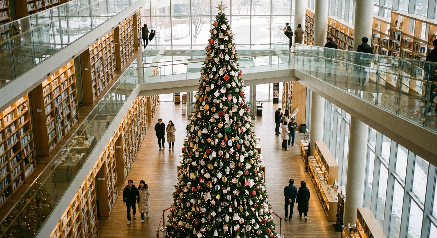 거대한 종이 장식 크리스마스 트리가 있는 현대적인 도서관 내부, 여러 층의 서가 사이를 걷는 한국 성인들