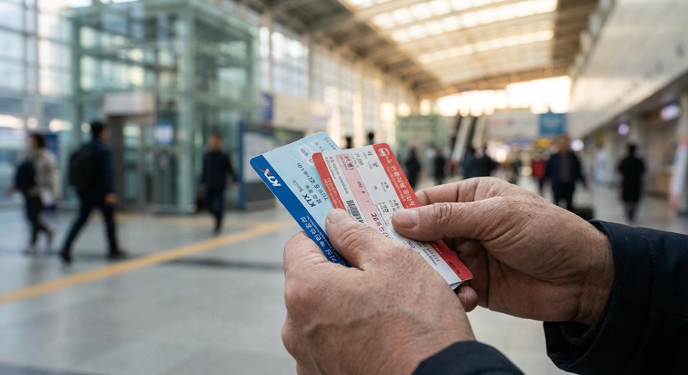 설날 귀성길 KTX와 고속버스 티켓을 들고 고민하는 한국 성인의 손 클로즈업